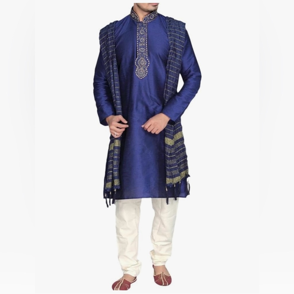 Blue and Ivory Men's Kurta Indian Suit Bollywood Sherwani